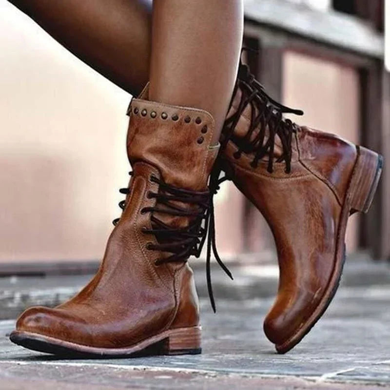 Josie | Studded Lace-Up Boots with Block Heel - Brown