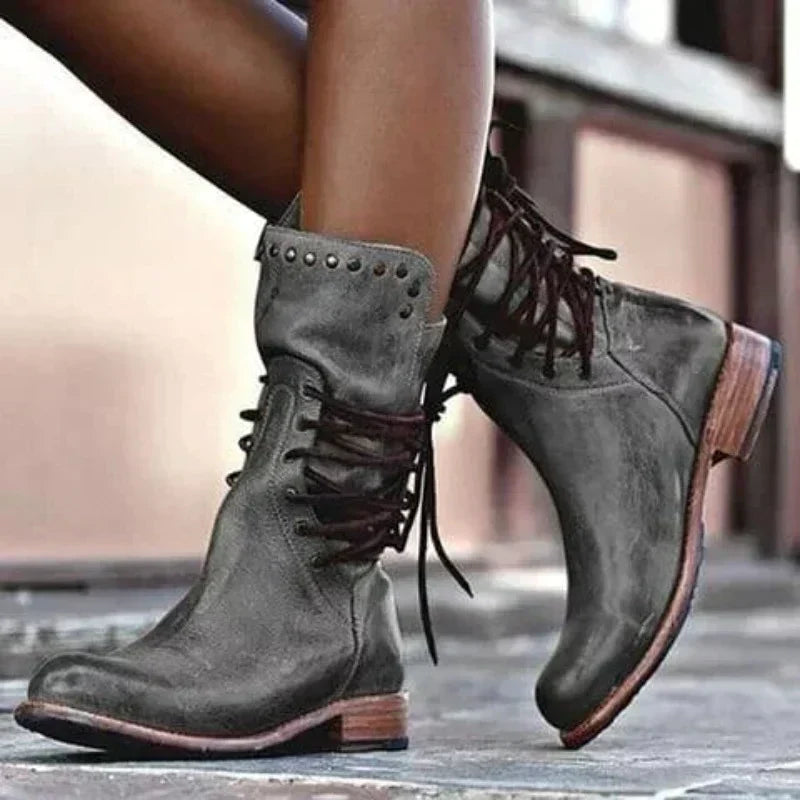 Josie | Studded Lace-Up Boots with Block Heel - Gray