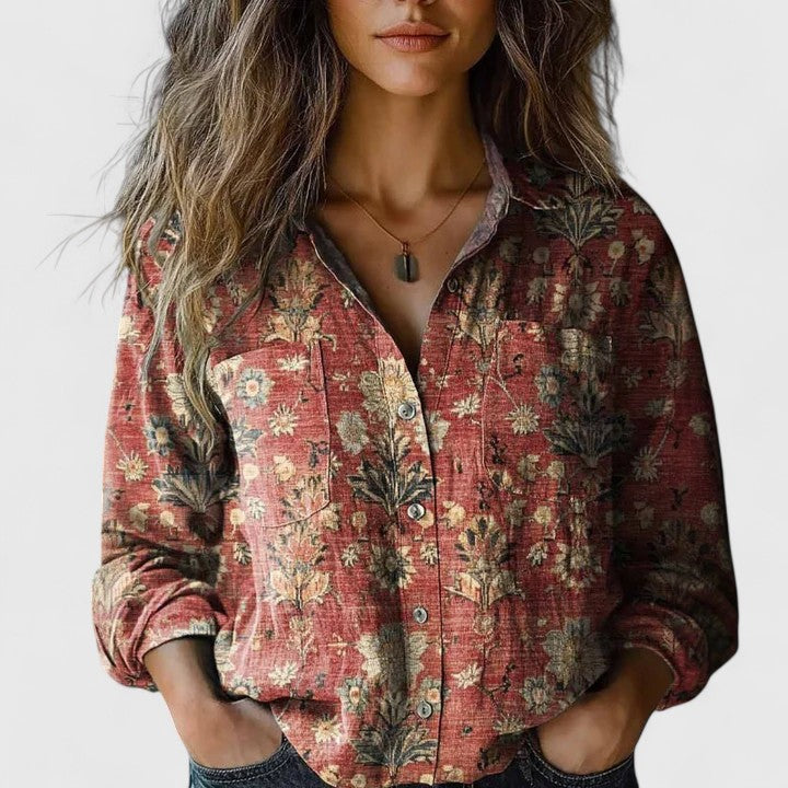 Orla | Vintage Floral Shirt with Button-Down Front - Red