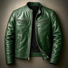 Rhys | Vintage Biker Jacket with Snap-Button Collar - Dark Green