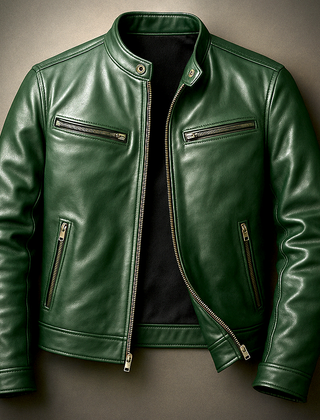 Rhys | Vintage Biker Jacket with Snap-Button Collar - Dark Green