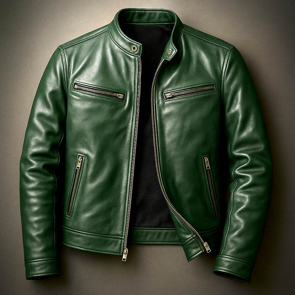 Rhys | Vintage Biker Jacket with Snap-Button Collar - Dark Green
