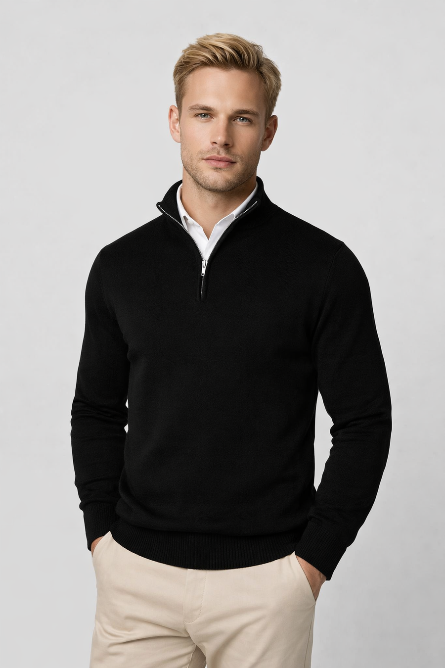 Dermot | Refined Half-Zip Sweater with Zip Collar - Black