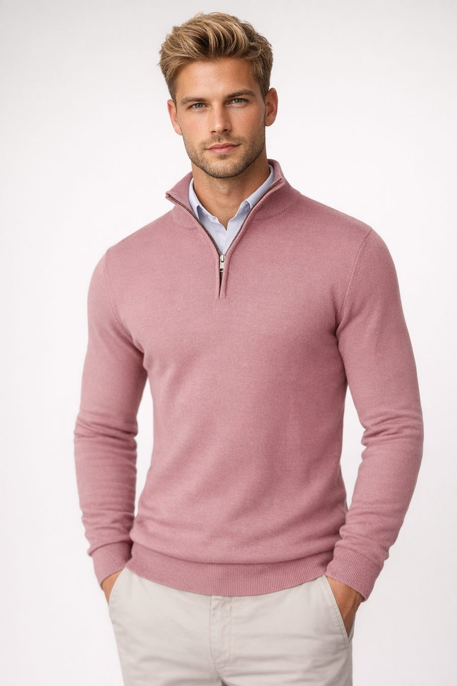 Dermot | Refined Half-Zip Sweater with Zip Collar - Pink