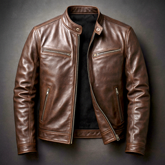 Rhys | Vintage Biker Jacket with Snap-Button Collar - Brown
