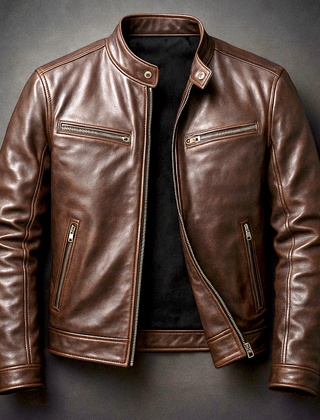 Rhys | Vintage Biker Jacket with Snap-Button Collar - Brown