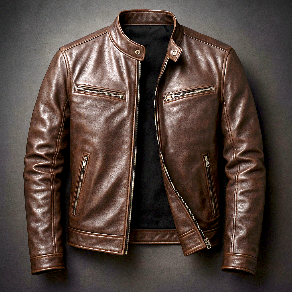 Rhys | Vintage Biker Jacket with Snap-Button Collar - Brown