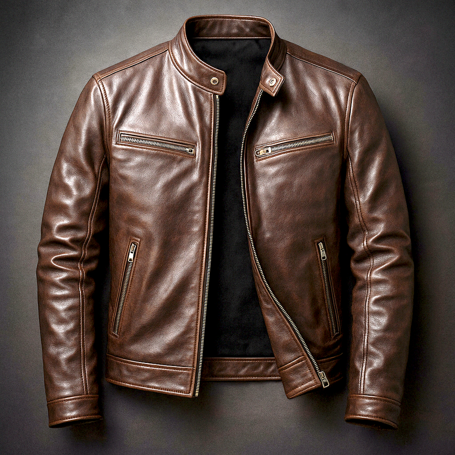 Rhys | Vintage Biker Jacket with Snap-Button Collar - Brown