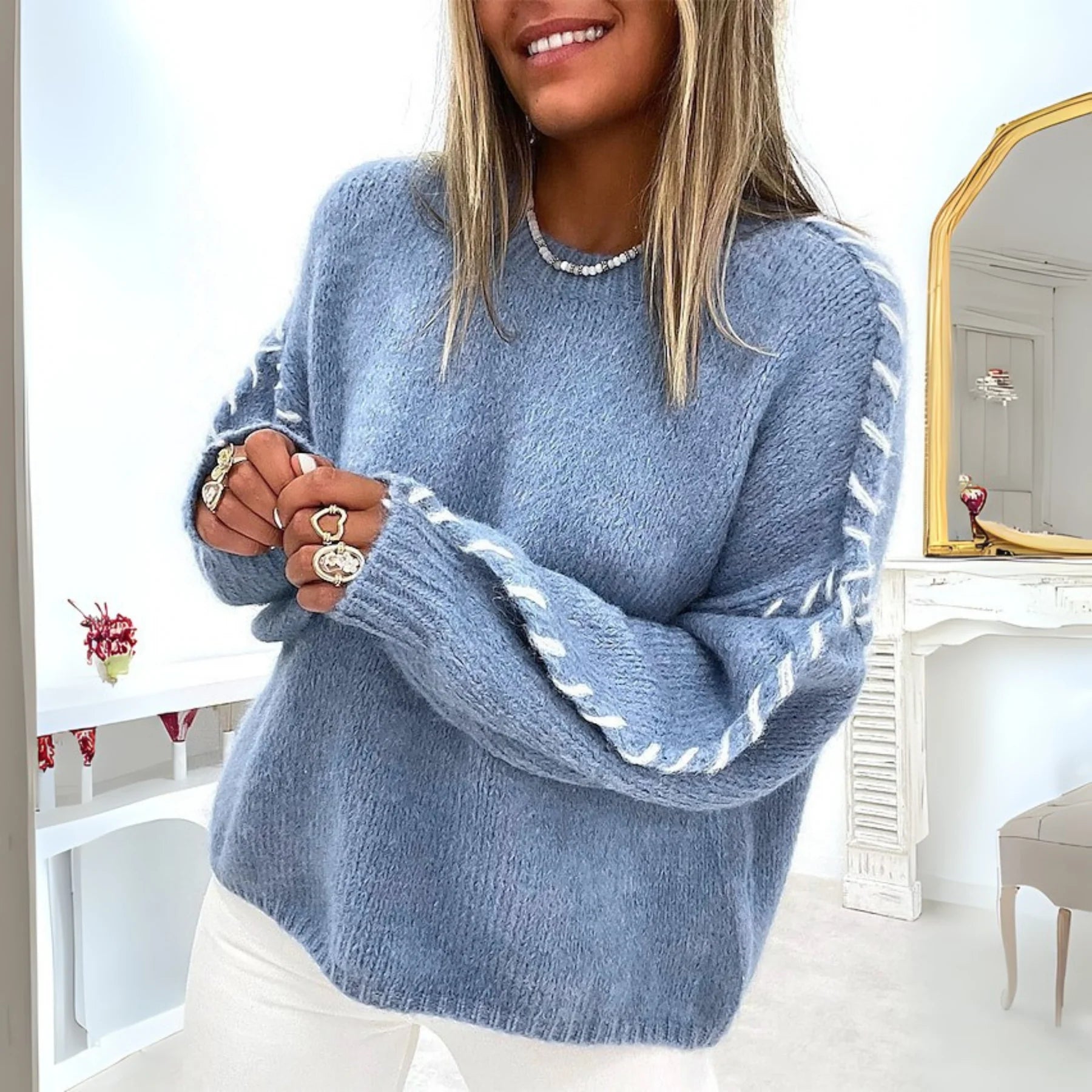 Elaine | Contrast-Stitch Cosy Knit Jumper