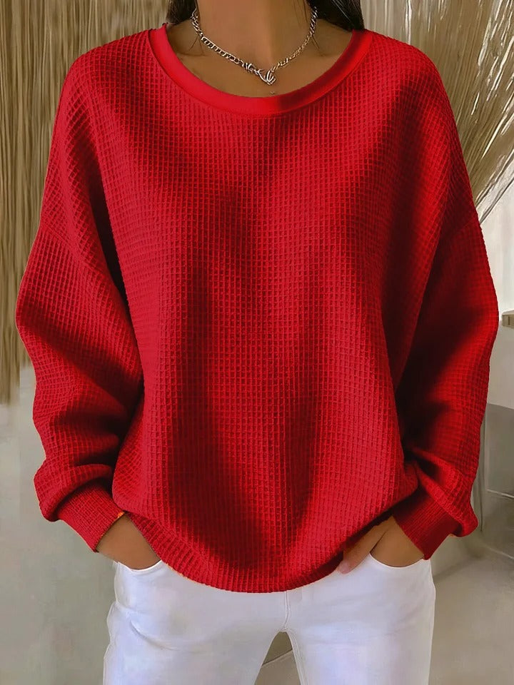 Maren | Textured Relaxed Sweater with Crew Neck - Red