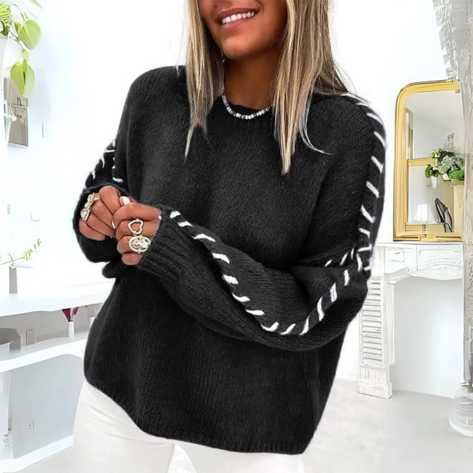 Elaine | Contrast-Stitch Cosy Knit Jumper