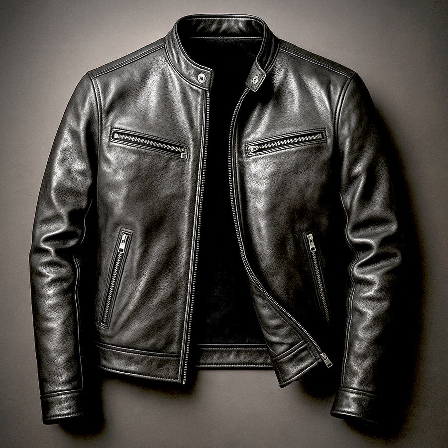 Rhys | Vintage Biker Jacket with Snap-Button Collar - Black