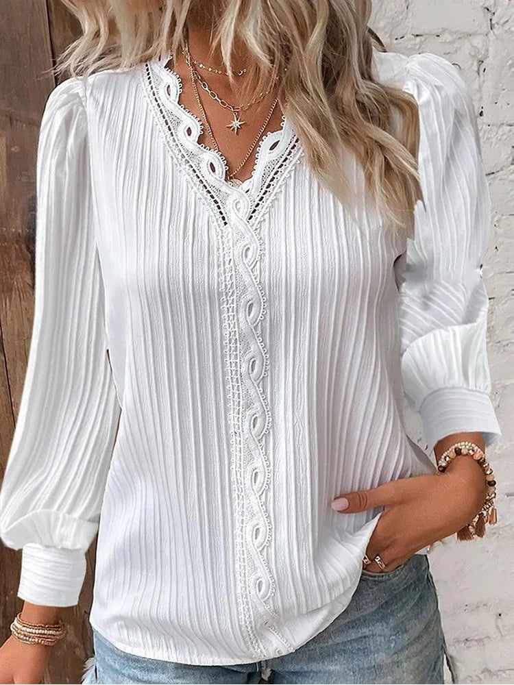 Bridget | Pleated Balloon-Sleeve Blouse with Scalloped Trim - White