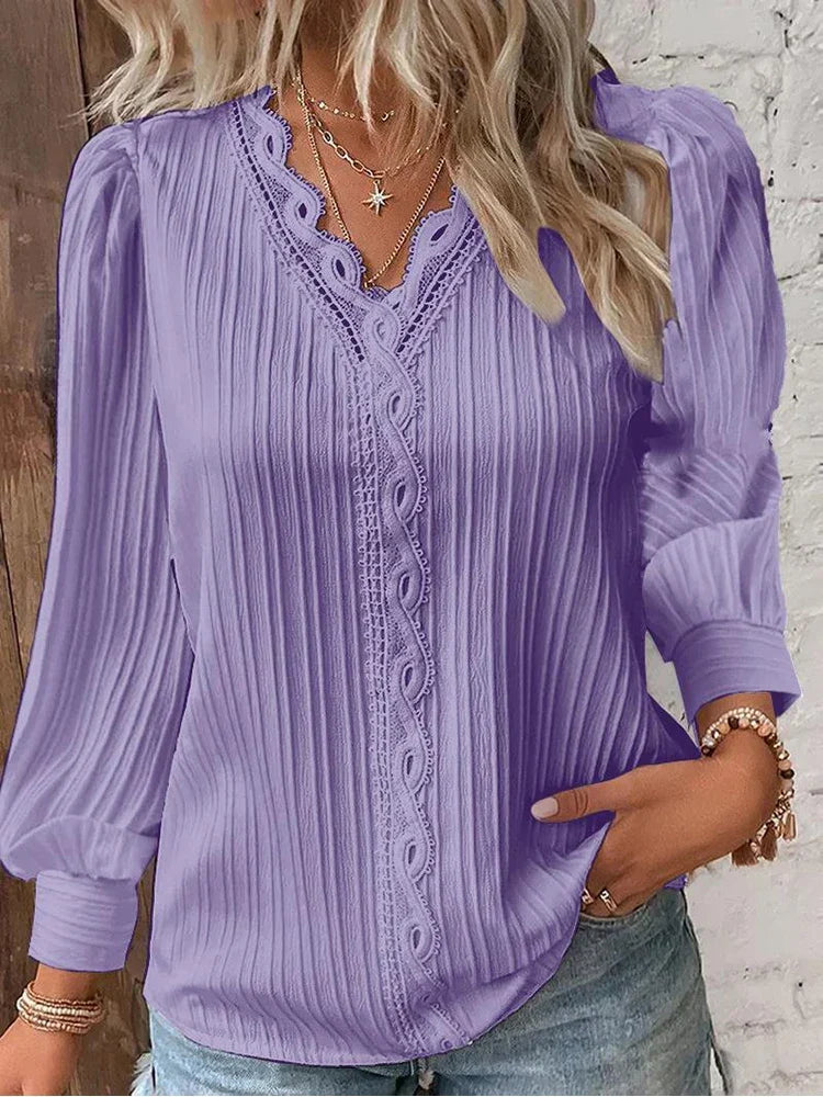 Bridget | Pleated Balloon-Sleeve Blouse with Scalloped Trim - Lilac