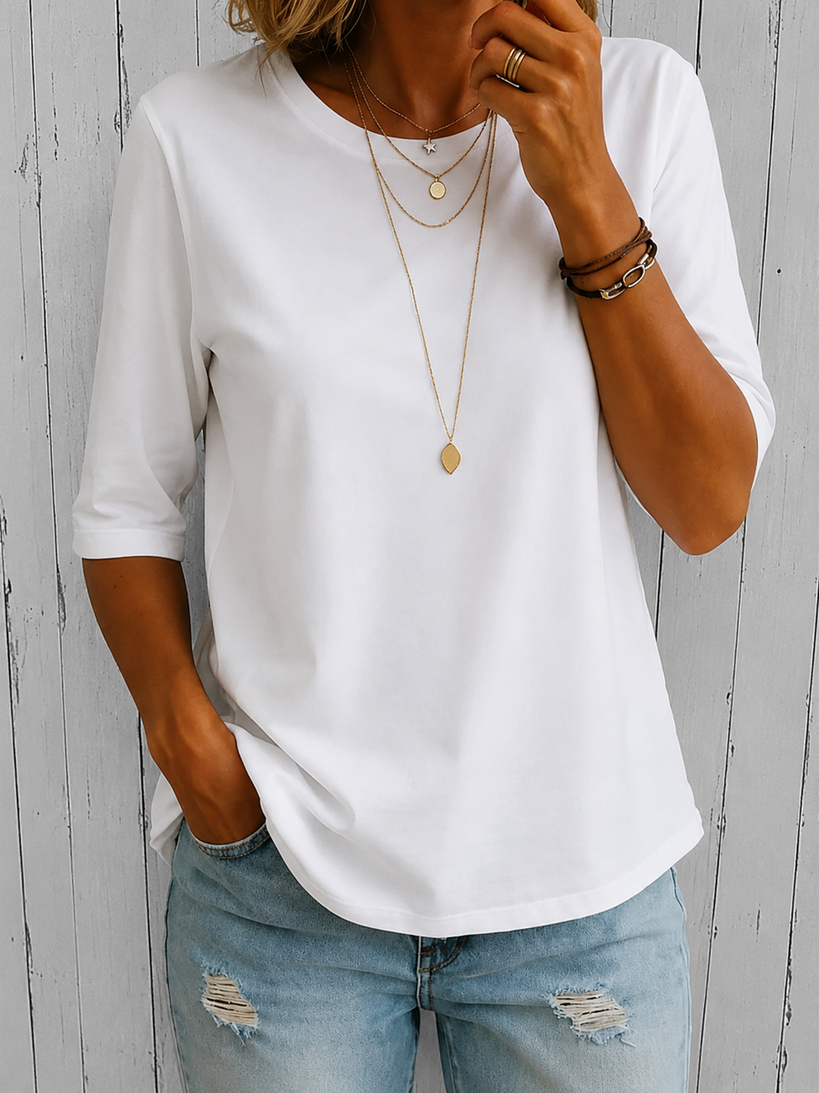 Philippa | Relaxed Round-Neck Top with Elbow-Length Sleeves - White