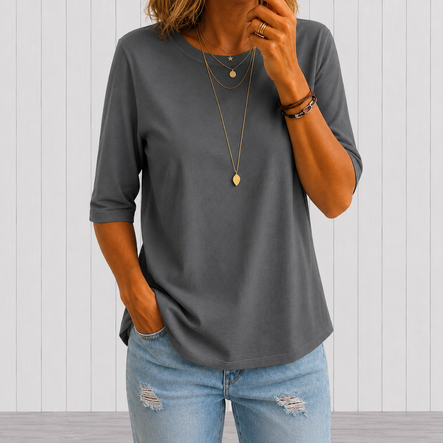 Philippa | Relaxed Round-Neck Top with Elbow-Length Sleeves - Grey