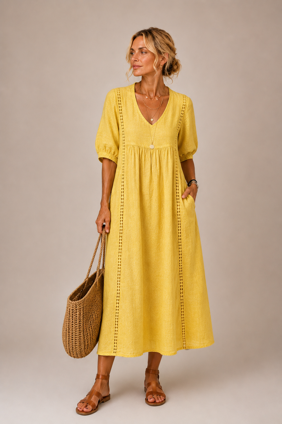 Isabelle | Puff Sleeve Lace Trim Midi Dress