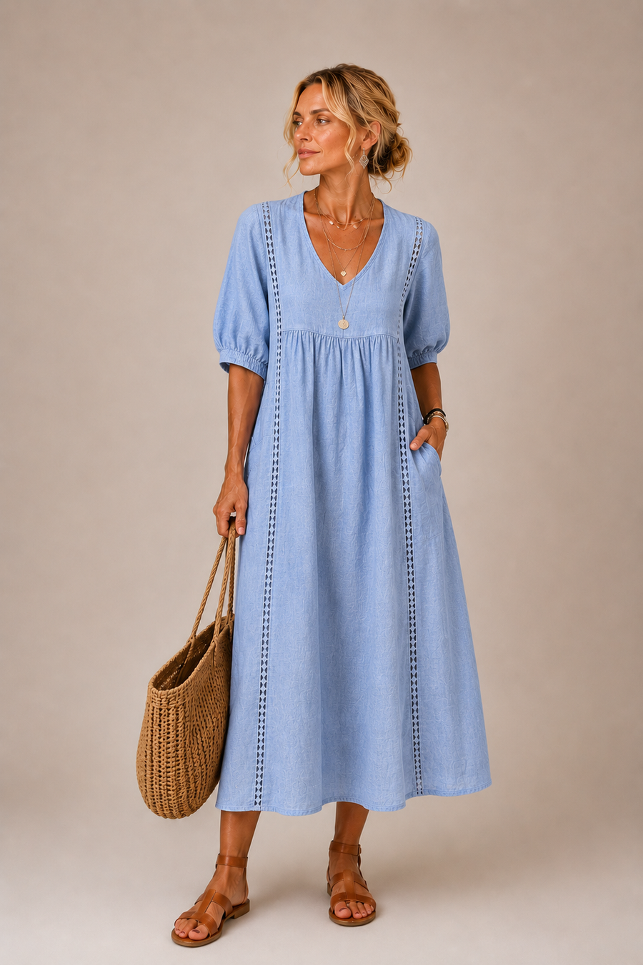 Isabelle | Puff Sleeve Lace Trim Midi Dress