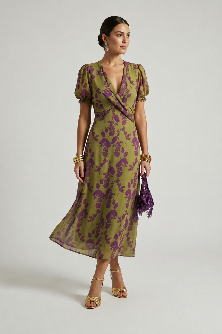 Rosalind | Puff Sleeve Twist Front Midi Dress