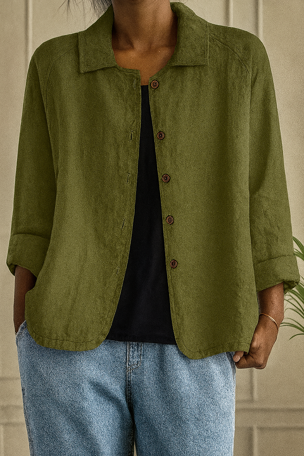 Maeve | Relaxed Draped Cardigan with Button-Front Placket - Olive Green