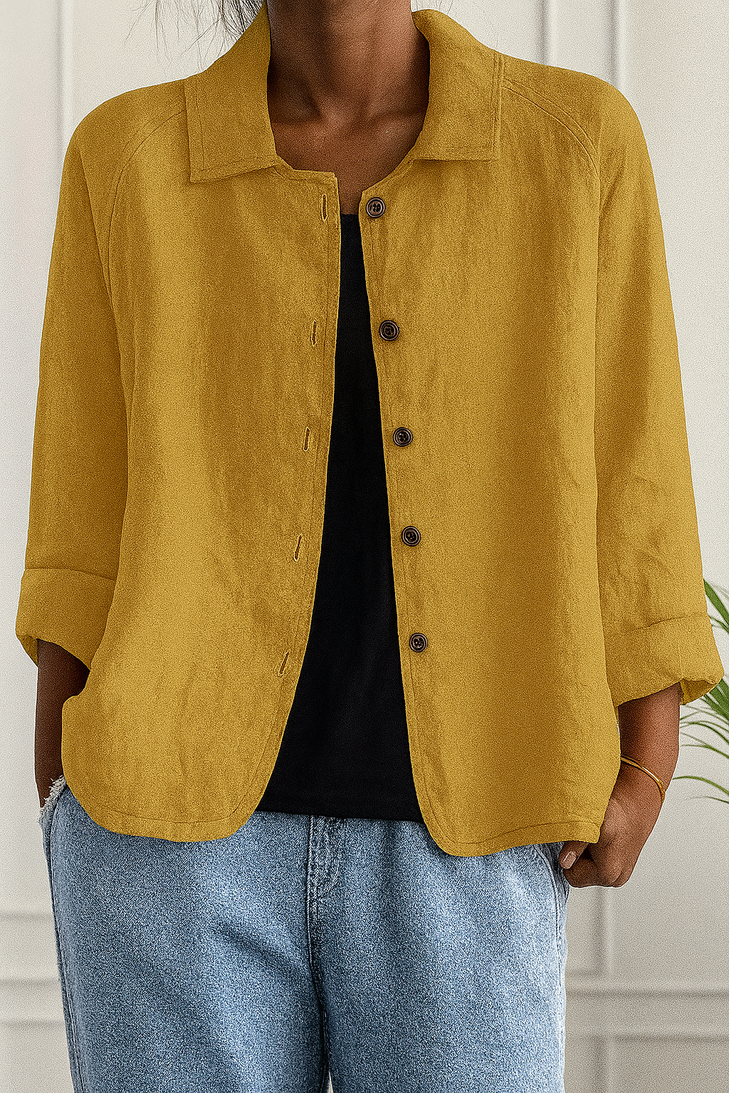 Maeve | Relaxed Draped Cardigan with Button-Front Placket - Yellow