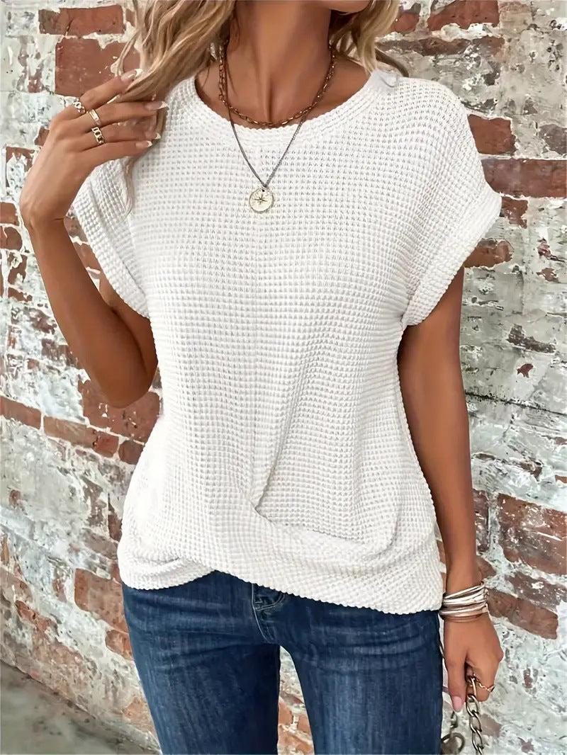 Saoirse | Textured Twist-Front Tee with Rolled Sleeves - White