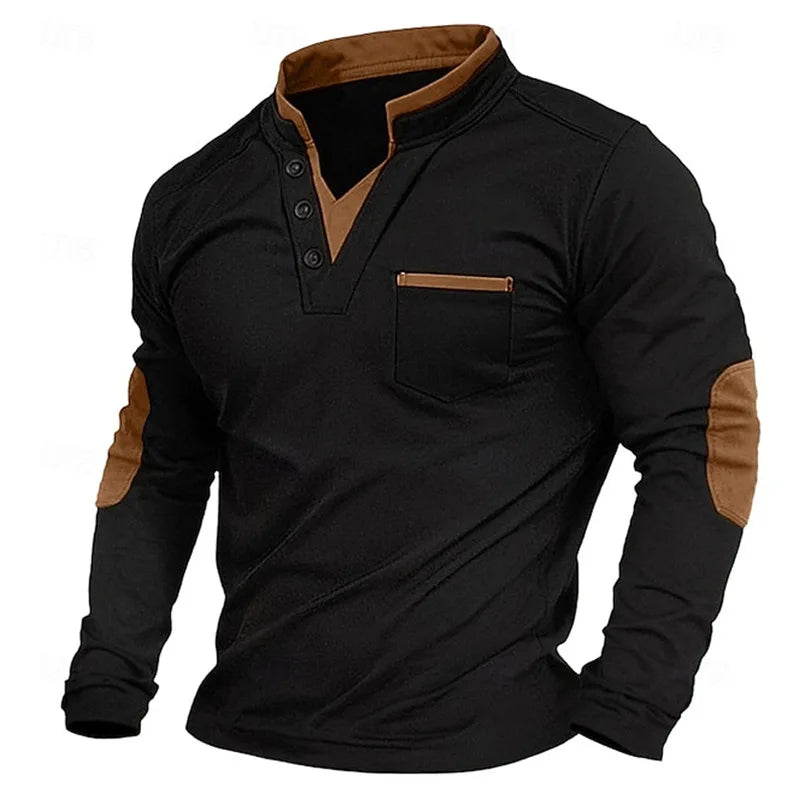 Owen | Contrast Trim Henley Polo with Elbow Patches - Black and Brown