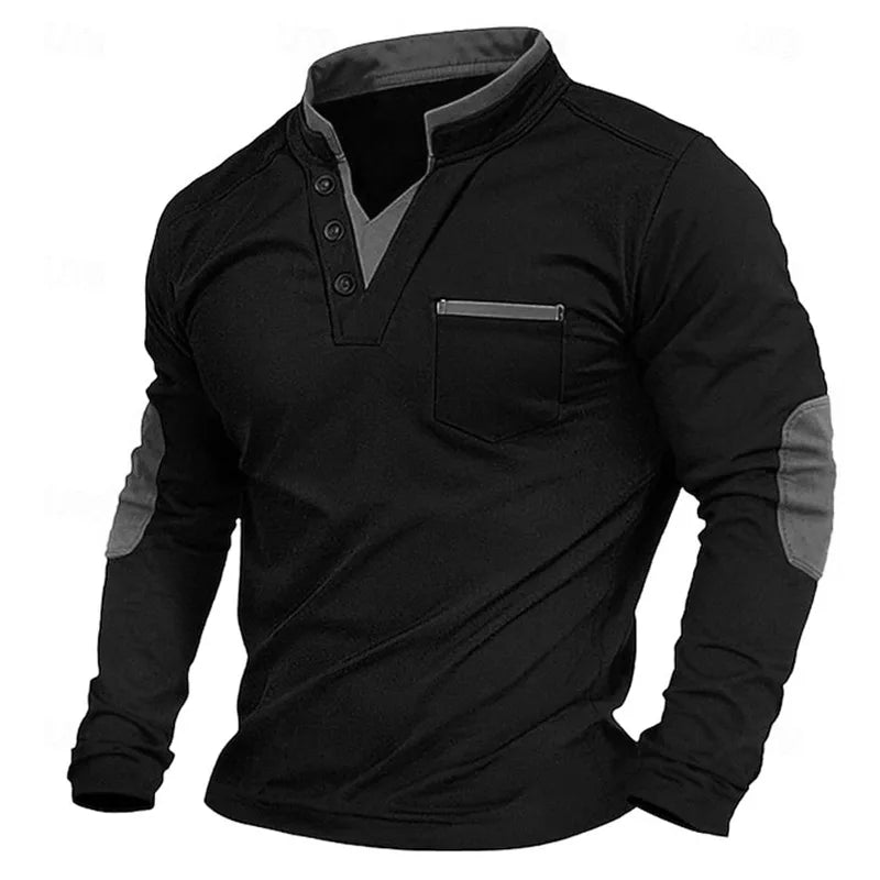 Owen | Contrast Trim Henley Polo with Elbow Patches - Black and Grey