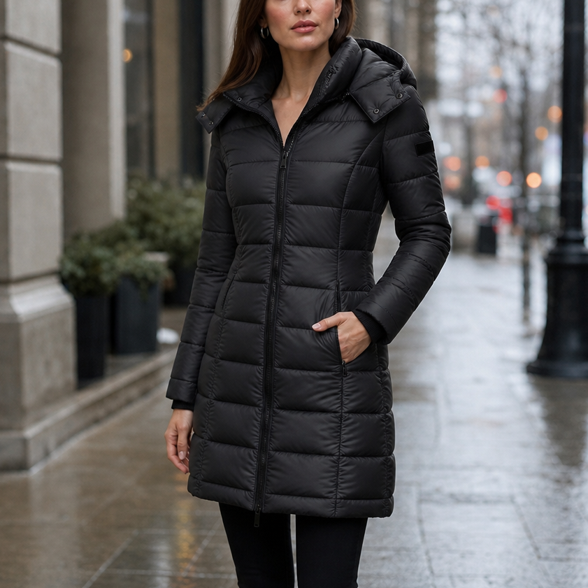Talia Quilted Mid-Length Puffer Jacket - Black