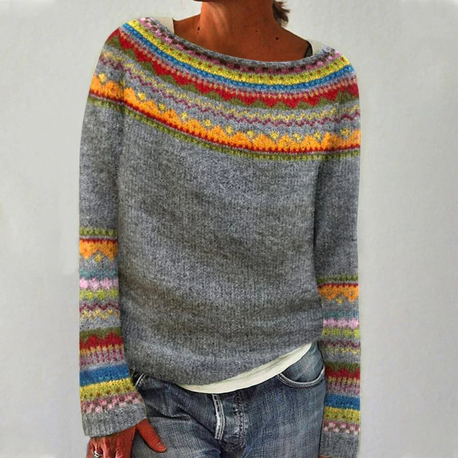 Astrid | Relaxed Patterned Sweater with Boat Neckline - Grey Rainbow