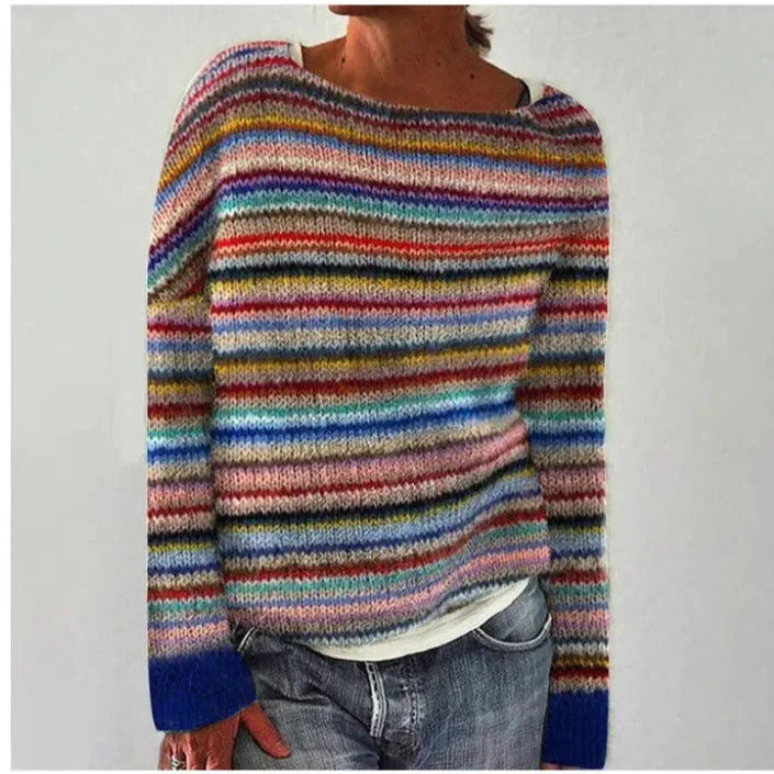 Astrid | Relaxed Patterned Sweater with Boat Neckline - Rainbow
