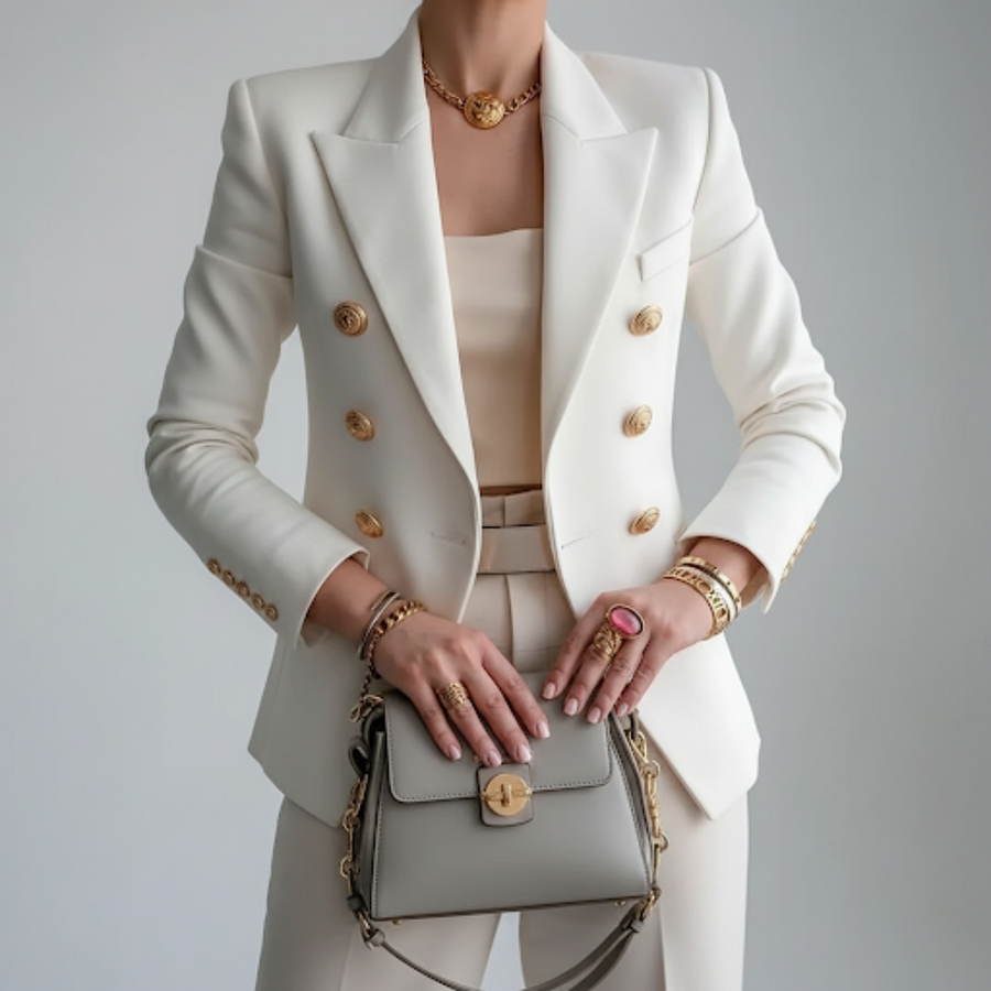 Juliet | Double-Breasted Tailored Blazer with Gold Buttons - White