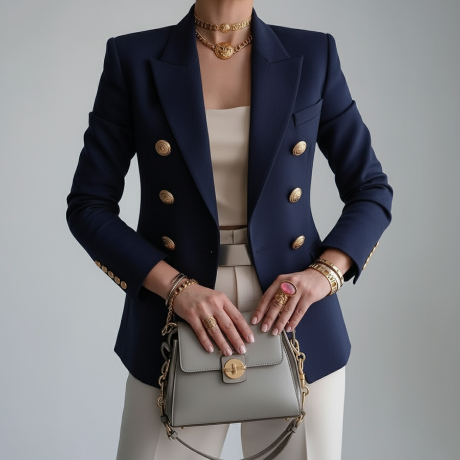 Juliet | Double-Breasted Tailored Blazer with Gold Buttons - Navy Blue