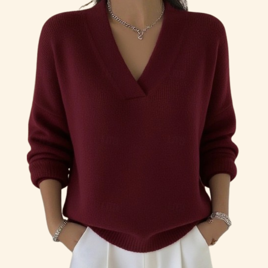 Ivy | Draped Long-Sleeve Sweater with V-Neckline - Red