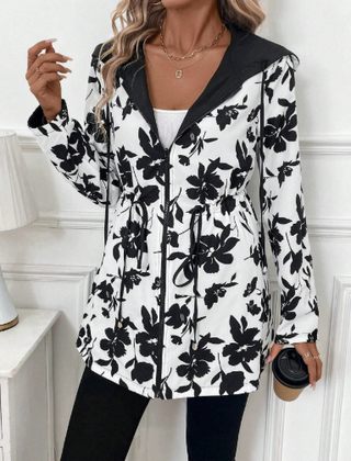 Tamsin | Reversible Longline Coat with Leopard Print Side - White Floral
