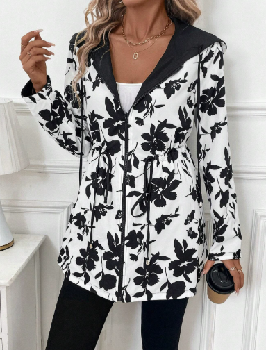 Tamsin | Reversible Longline Coat with Leopard Print Side - White Floral