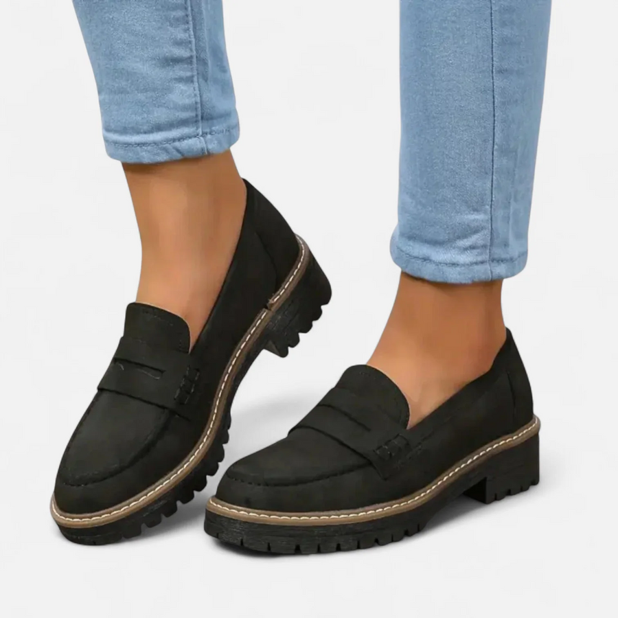 Isla | Cushioned Lug-Sole Loafers with Penny Keeper Strap - Black