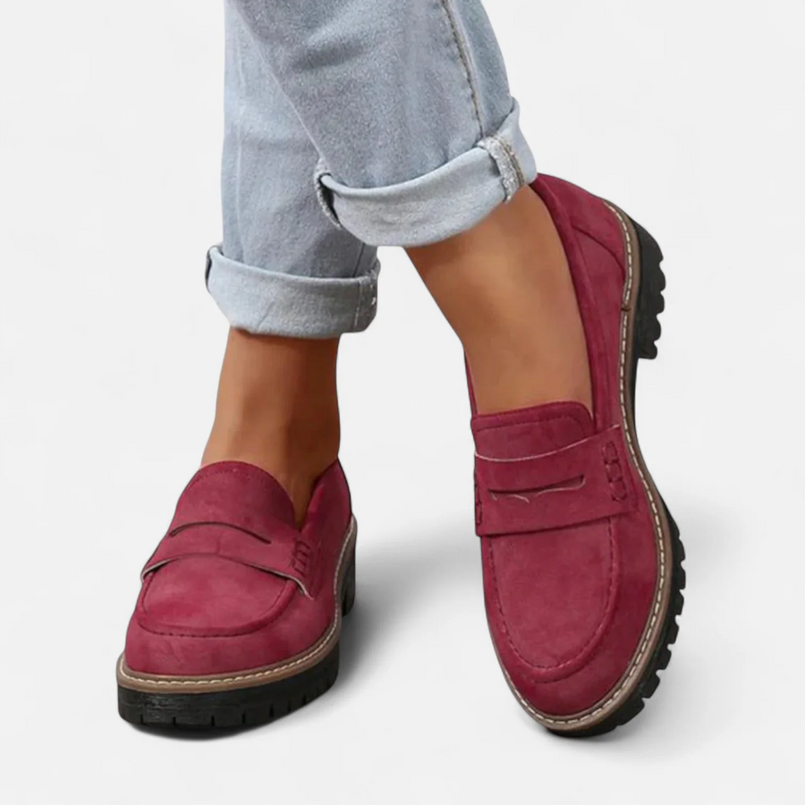 Isla | Cushioned Lug-Sole Loafers with Penny Keeper Strap - Red