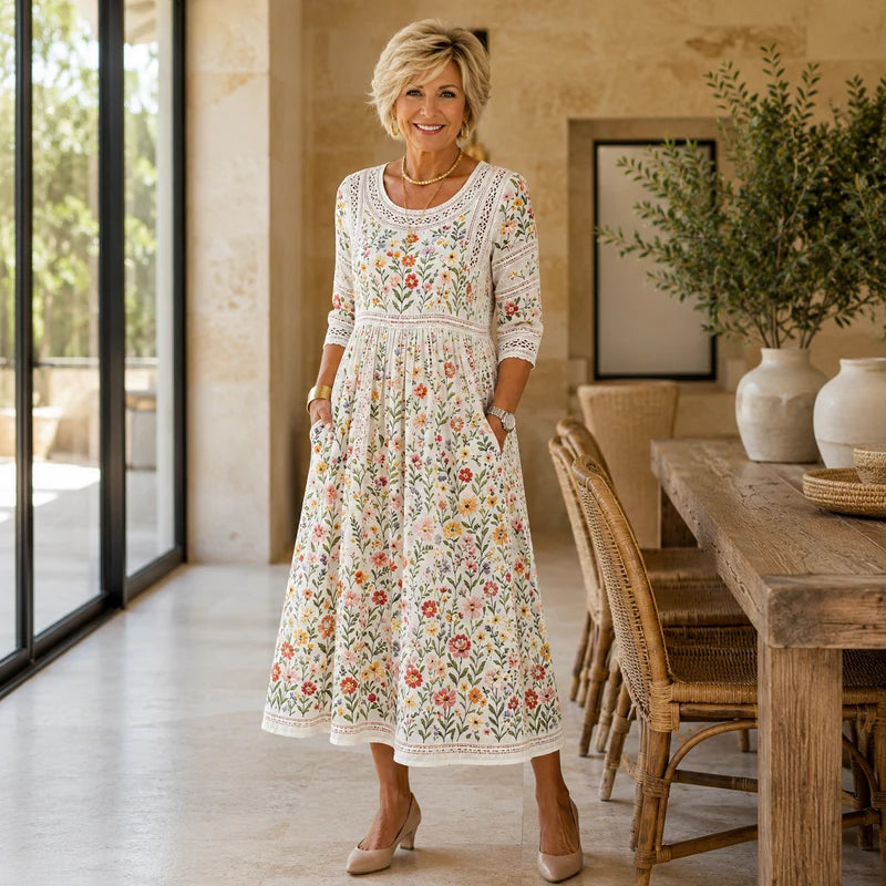 Eusebia | Meadow-Print Lace-Trim Midi Dress