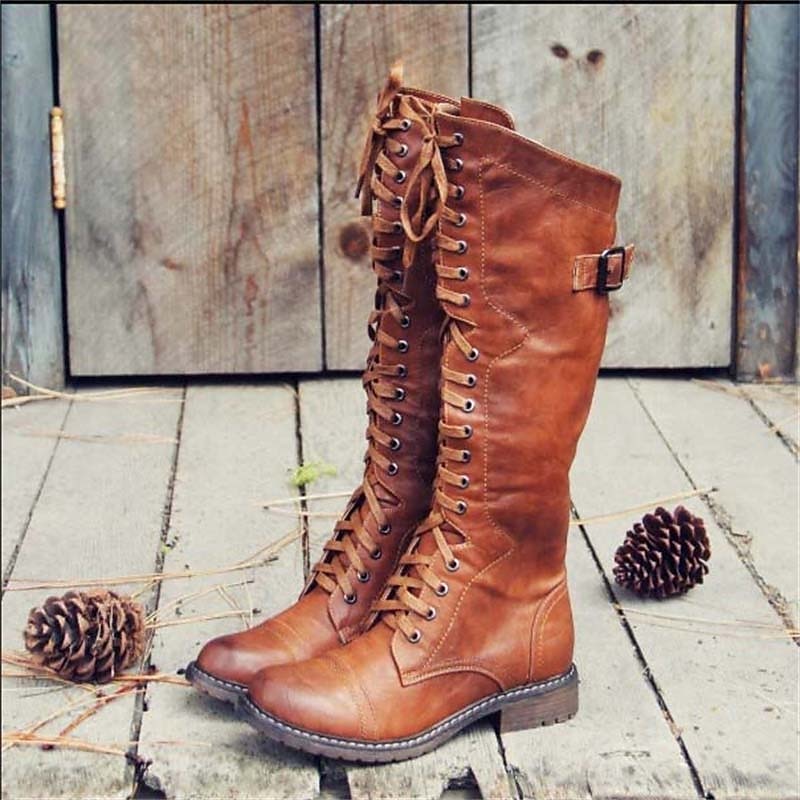 Imogen Knee-High Lace-Up Boots - Brown