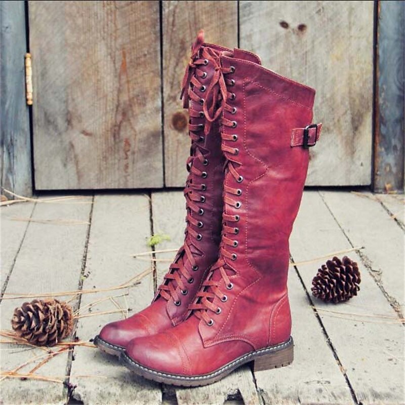 Imogen Knee-High Lace-Up Boots - Red