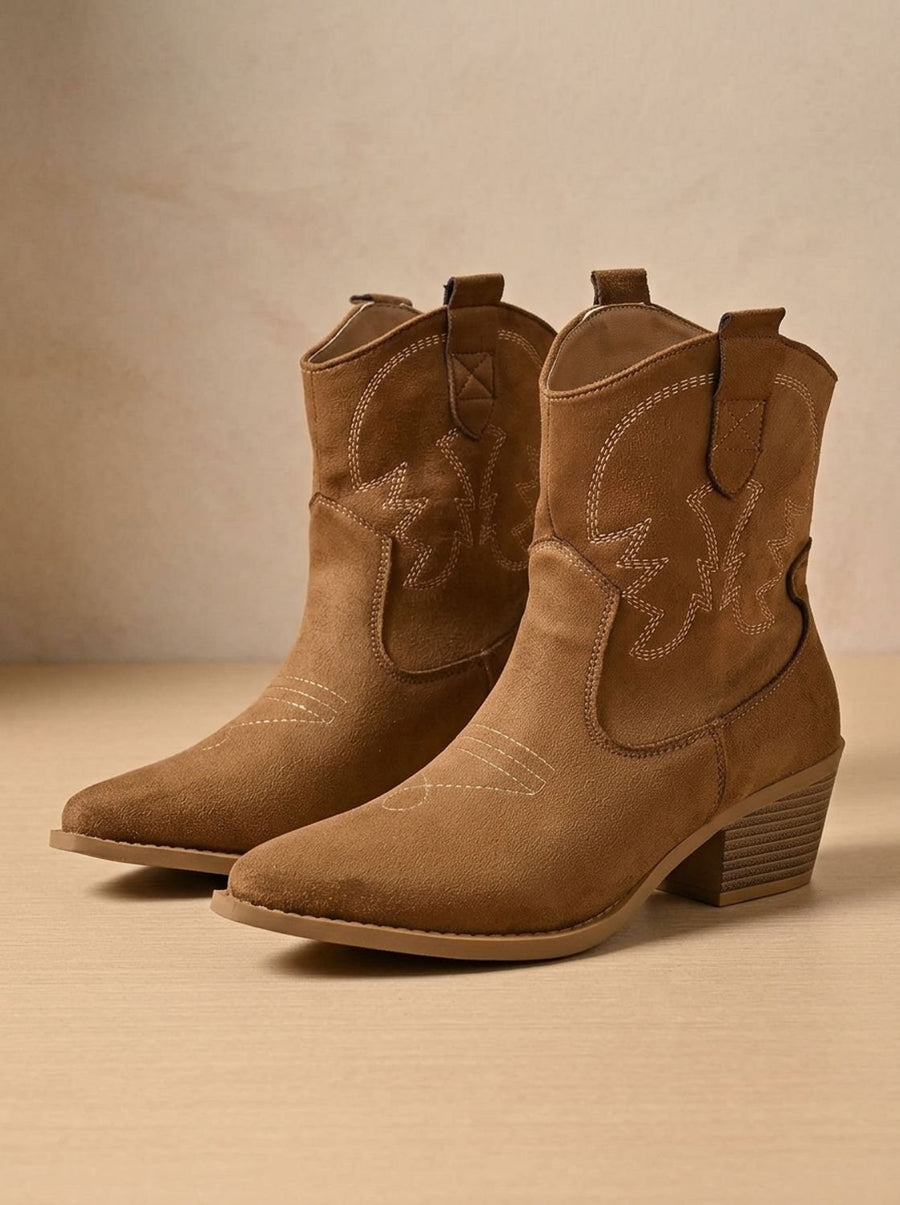 Georgia Embroidered Wide-Calf Cowboy Boots - Light Brown