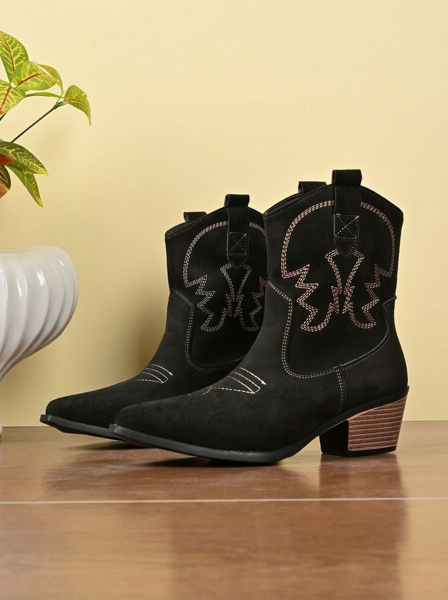 Georgia Embroidered Wide-Calf Cowboy Boots - Black